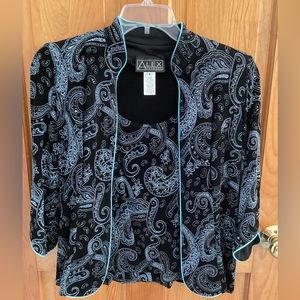 Alex Evenings 2-piece jacket and tank top. Black and teal paisley sparkle.